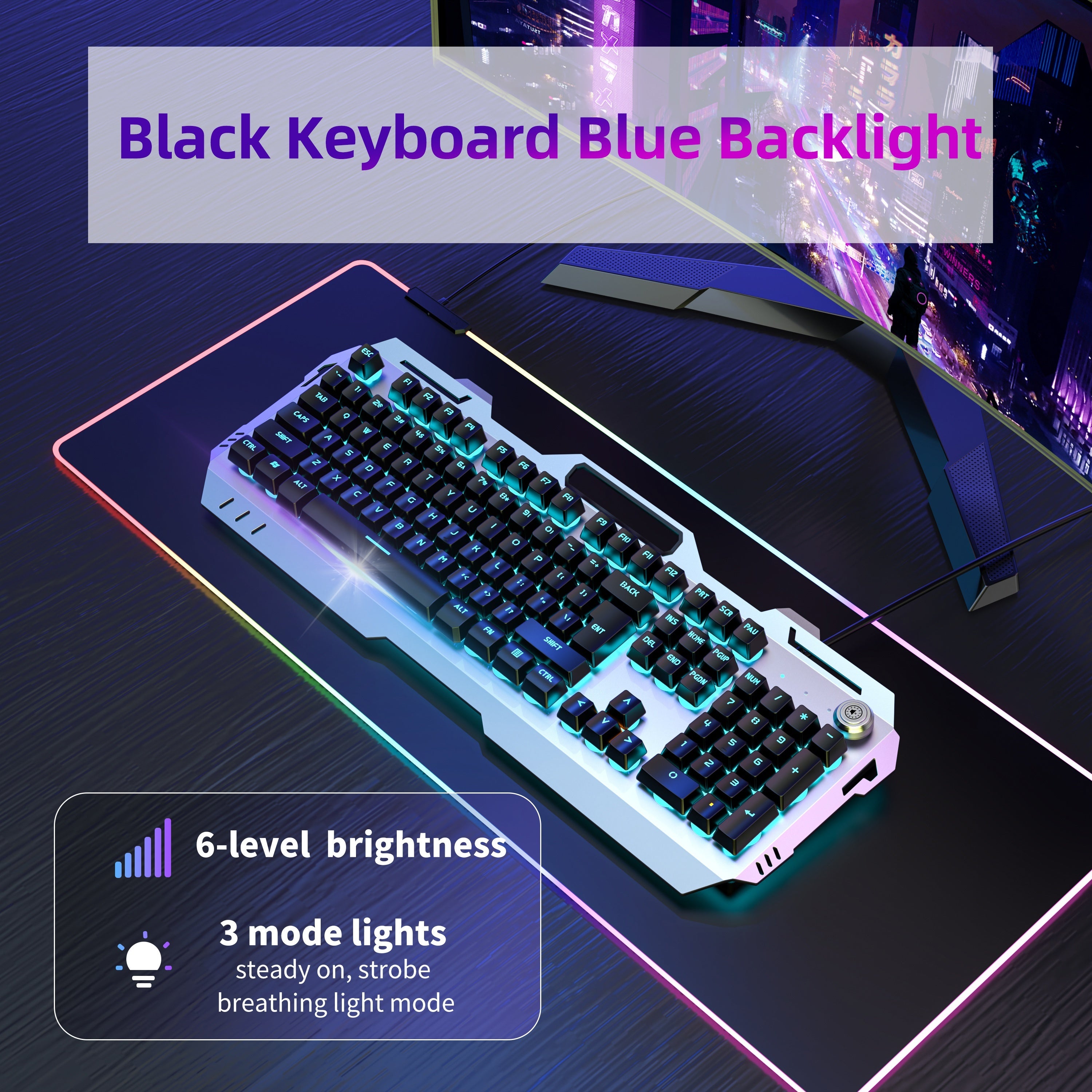 EWEADN Gaming Keyboard 104 Keys - LED Backlit Knob