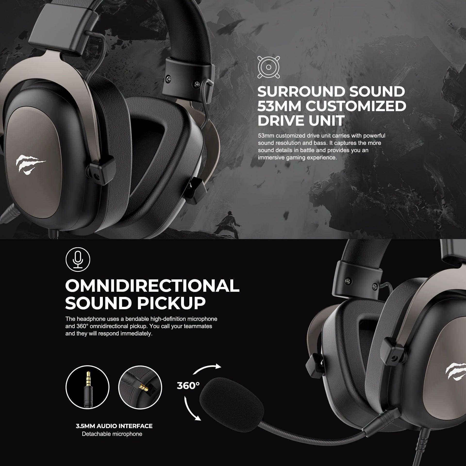 HAVIT Gaming Headset 53mm - Leather Surround Sound