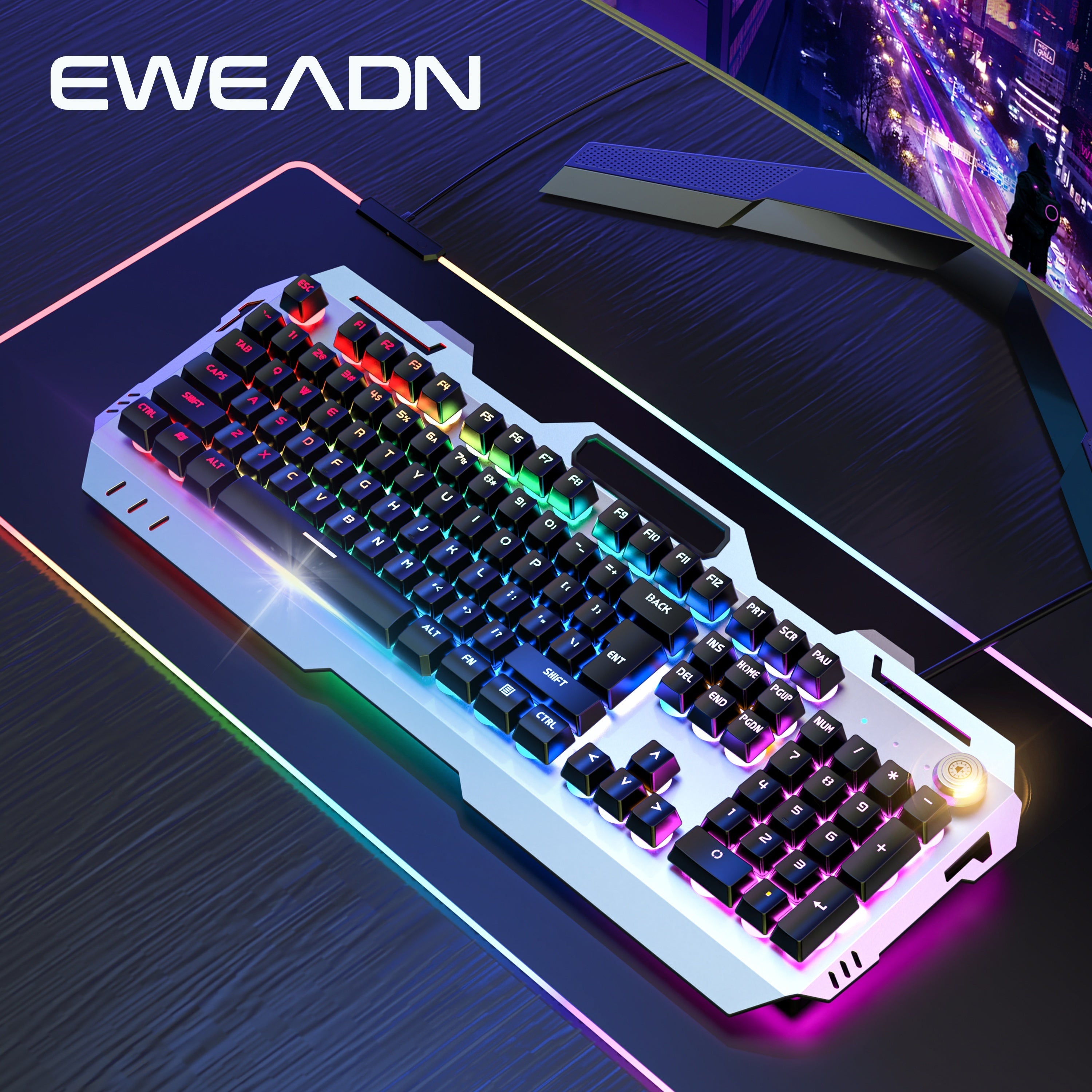 EWEADN Gaming Keyboard 104 Keys - LED Backlit Knob