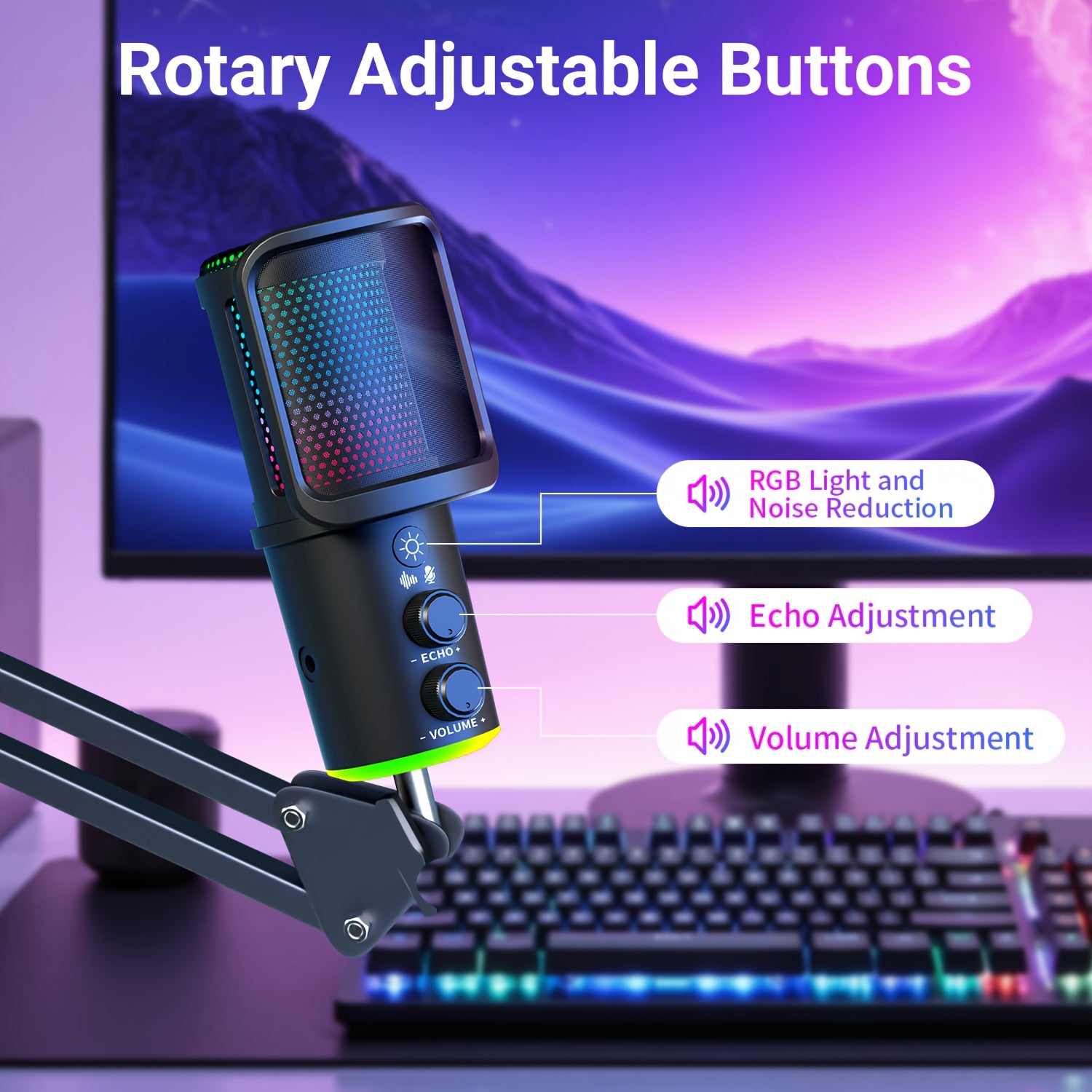 RIKSOIN - Microphone USB RVB avec bras rétractable