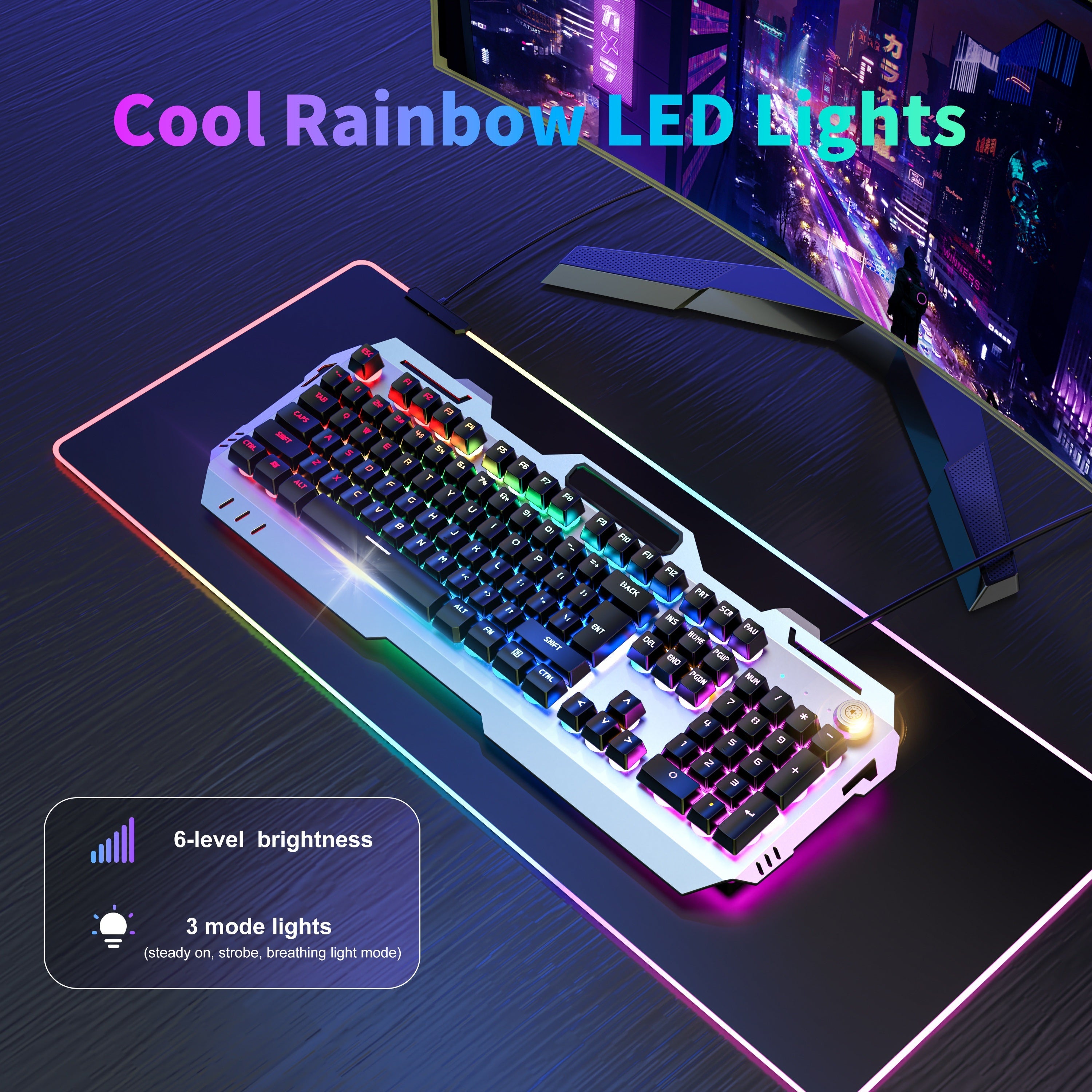 EWEADN Gaming Keyboard 104 Keys - LED Backlit Knob