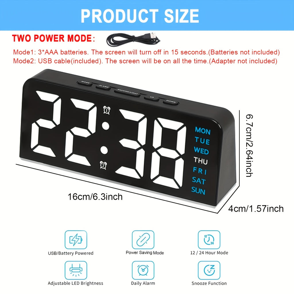 LED Digital Alarm Clock - Ambient Light USB Powered