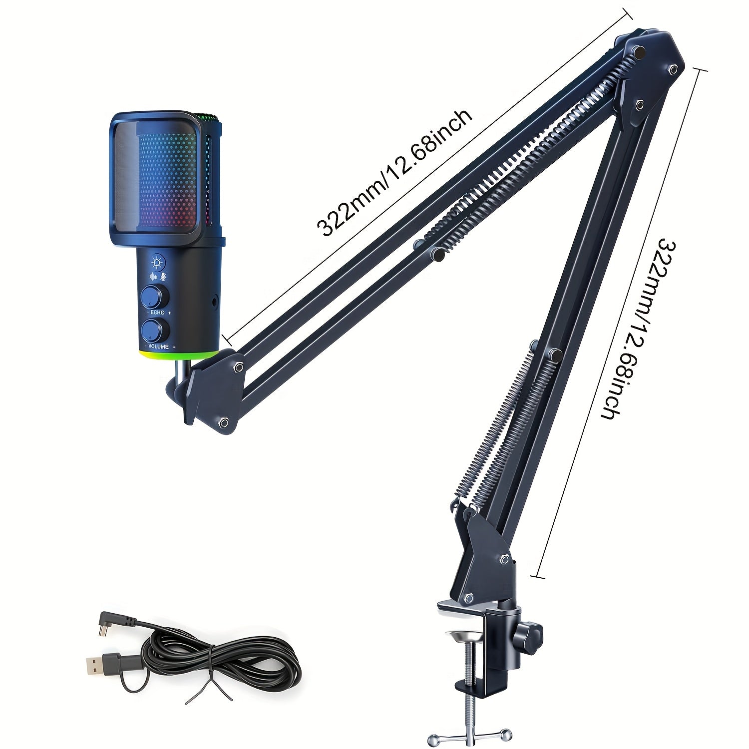 RIKSOIN - Microphone USB RVB avec bras rétractable