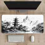 Tapis de souris gaming paysage à l'encre chinoise - Art noir et blanc