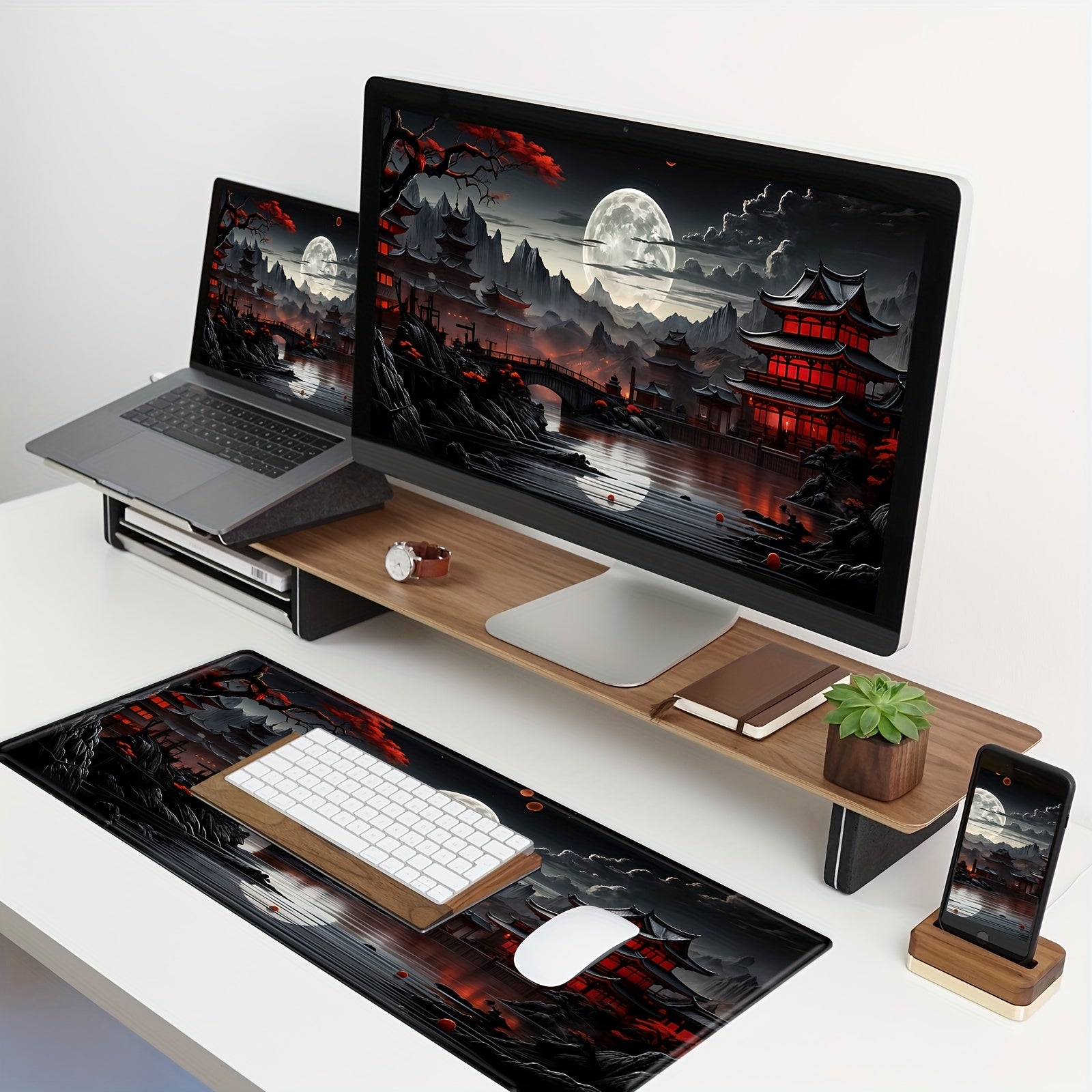 Tapis de souris gaming Japanese Moon Riverside - Noir et rouge XXL