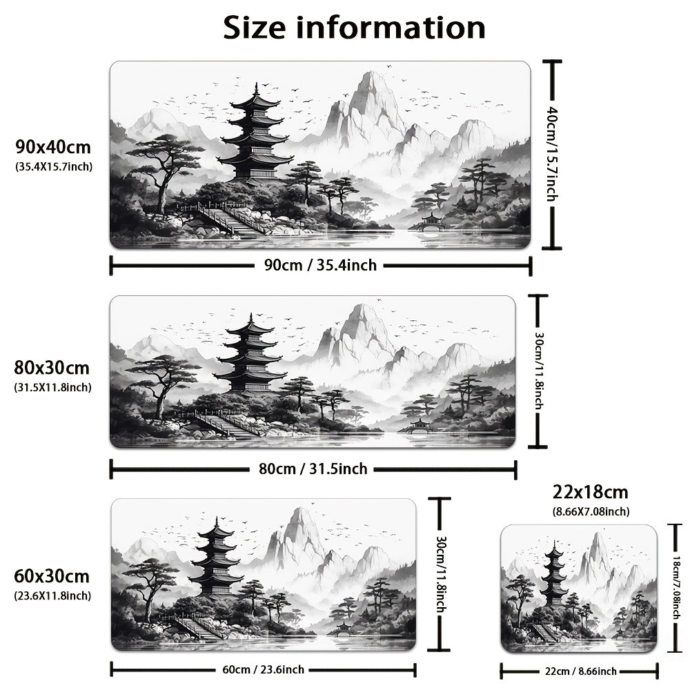Tapis de souris gaming paysage à l'encre chinoise - Art noir et blanc