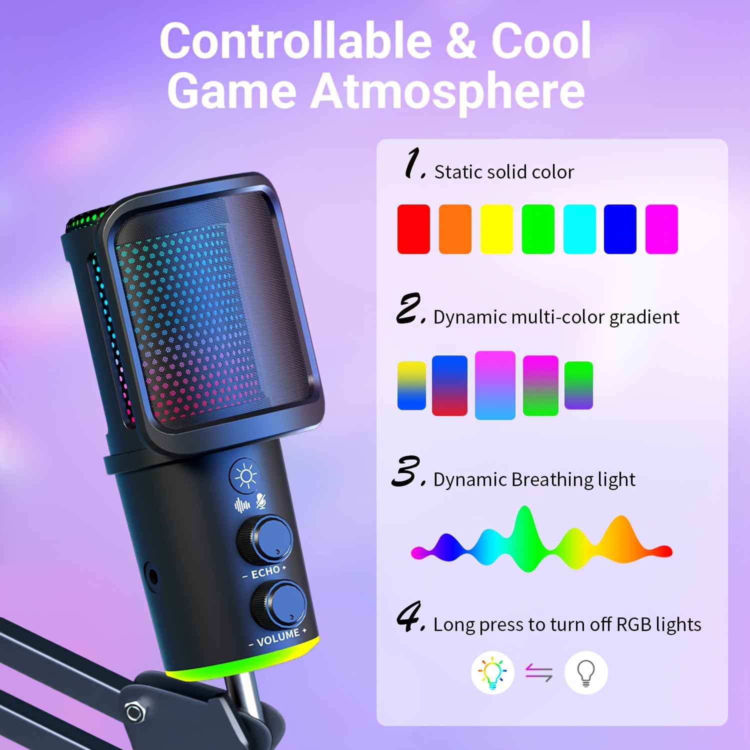 RIKSOIN - Microphone USB RVB avec bras rétractable