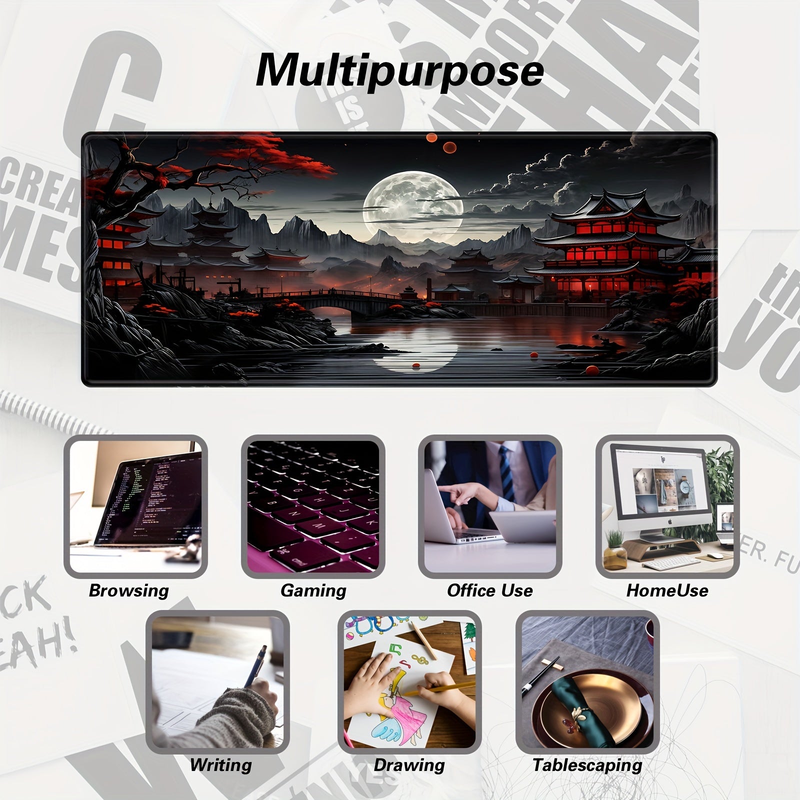 Japanese Moon Riverside Gaming Mouse Pad - Black Red XXL