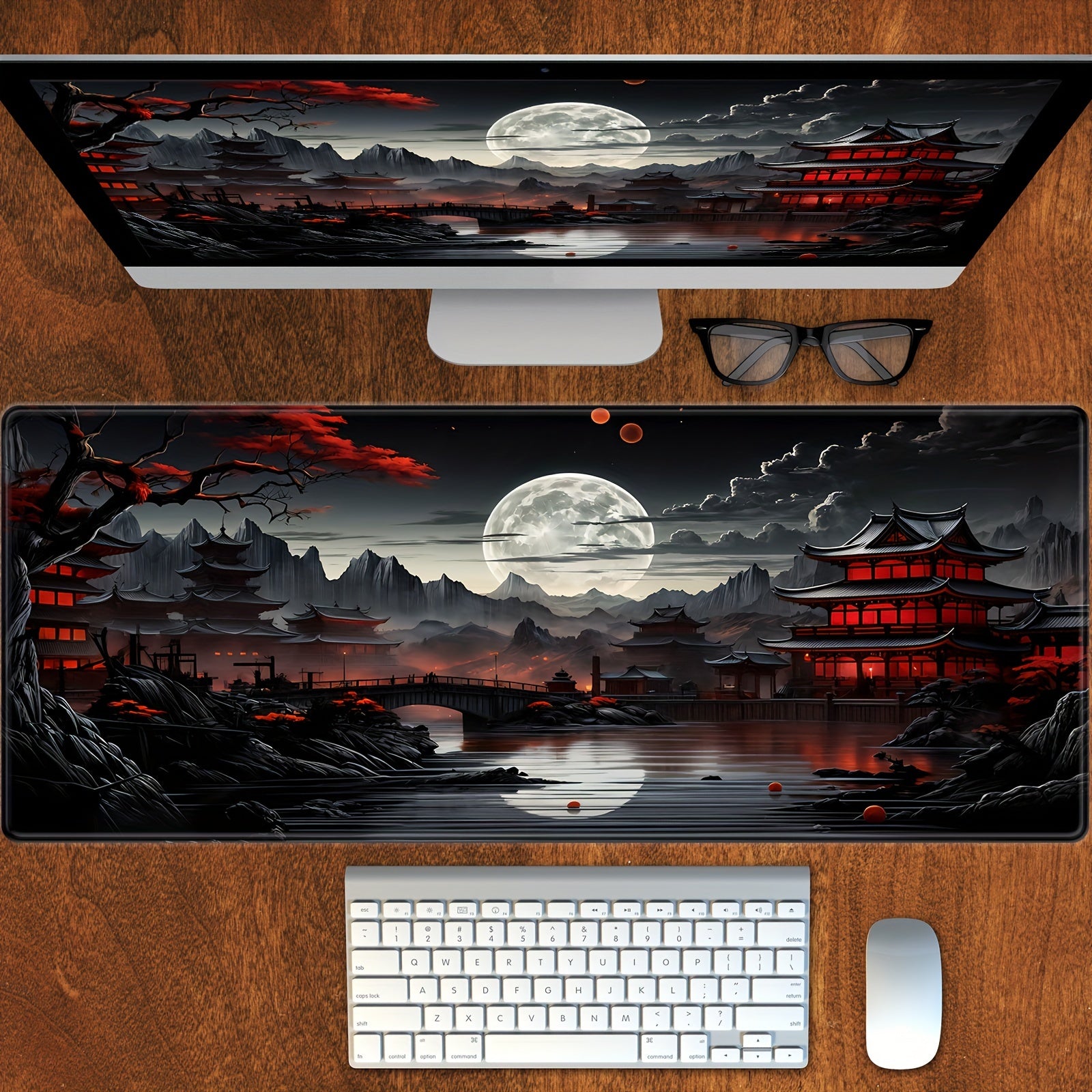 Japanese Moon Riverside Gaming Mouse Pad - Black Red XXL
