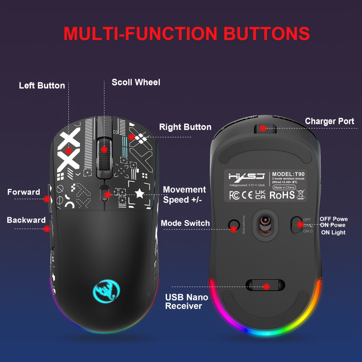 Souris de jeu sans fil RGB HXSJ